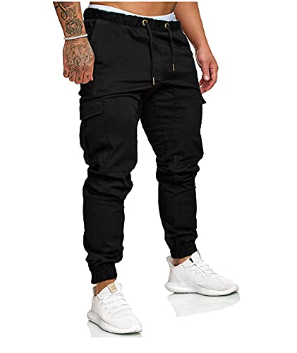 SOMTHRON Herren Elastische Taille Gürtel Baumwolle Jogging Sweat Hosen Plus Size Mode Lange Sports Cargo Hosen Shorts mit Taschen Joggers Activewear Hosen, Black, L