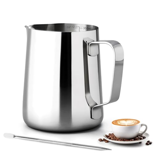 Milchkännchen - 350ml/12oz Milchkanne Edelstahl mit Messung Mark Und Latte Art Pen, Kaffee Creamer Milch Aufschäumer Kännchen Tasse für Cappuccino, Espresso, Latte Art, Perfekt Für Kaffeeliebhabe