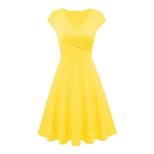 Damen Casual Dress Basic Outdoor Home Kurzarm Slim T-Shirt Kleid T-Shirt Kleid Swing Dress Plain Rüschen Minikleid mit V-Ausschnitt Kleider Damen Festlich Knielang (Gold, S)