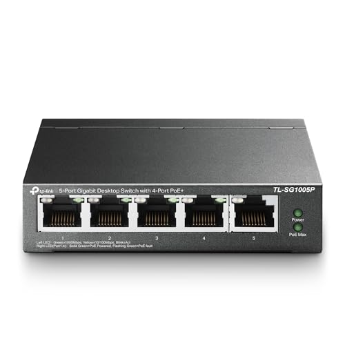 TP-Link TL-SG1005P PoE Switch 5-Port Gigabit Lan Switch mit 4 PoE+ Ports (65 Watt, IEEE-802.3af/at PoE,lüfterlos, Plug-and-Play, robustes Metallgehäuse) Schwarz