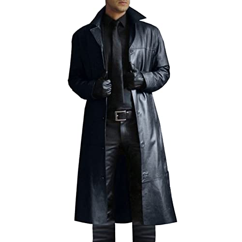 RLEHJN Ledermantel Herren Lang Leder Trenchcoat Schwarz Winterjacke Vintage Leder Übergangsjacken Große Größen Modischer Elegantes Einreihiger Jacke Winter Winddichte Langer Lederjacke Fliegerjacke