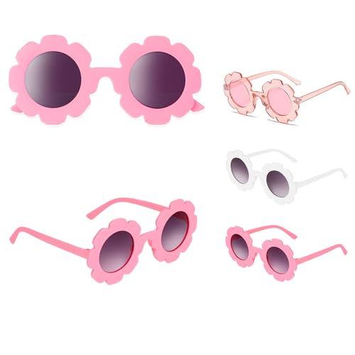 Sibba 3x Kinder Sonnenbrille Retro Blumen Geformt Brille für Mädchen Jungen Niedliche Kinder-Sonnenbrillen für Sommer Strand Kindersonnenbrille Rave Party Dress up Brille(Transparentes Rosa/Rosa/Weiß)