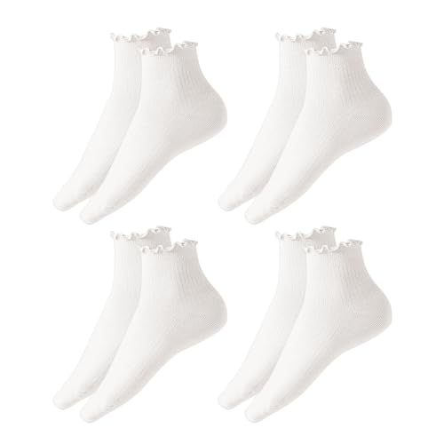 4 Paar einfarbige gekräuselte Socken, lockere Socken, bequeme Spitzensocken, atmungsaktive gekräuselte Damensocken, rutschfeste Socken, gekräuselte nahtlose Socken, Socken mit Baumwollmuster (weiß)