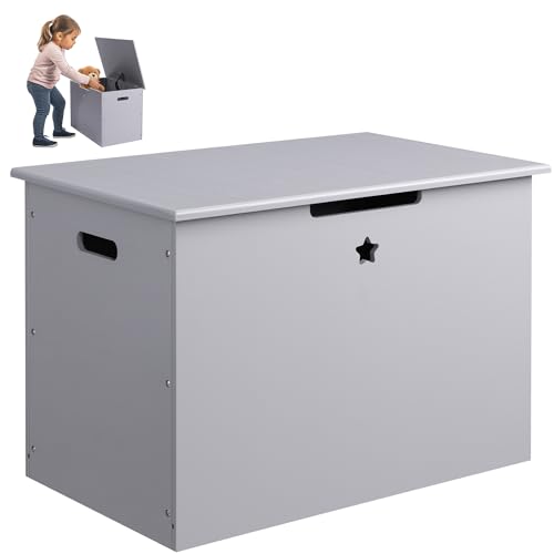 Navaris Spielzeugtruhe aus Holz mit Deckel - Truhe Sitzbank Spielzeugkiste für Kinder - 60 x 38 x 42 cm Holzkiste für Kinderzimmer groß - Grau