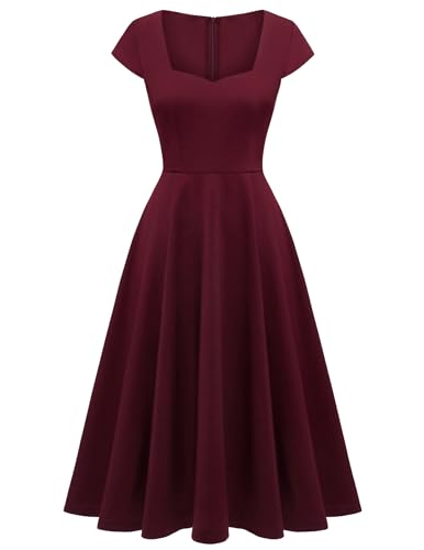 Berylove Kleid Elegant Abendkleid Lang Elegant für Hochzeit Kleid mit Herausschnitt A Linien Kleid Damen Festlich 8009 Burgundy L