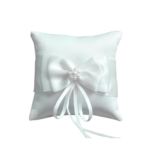 Amexo Hochzeit Ringkissen Schöne Bowknot Ringhalter Kissen Weiß Ringträger mit Satinband und Simulation Perle Vintage Paar Ring Halter für Verlobung Oder Eheringe (10 x 10cm)