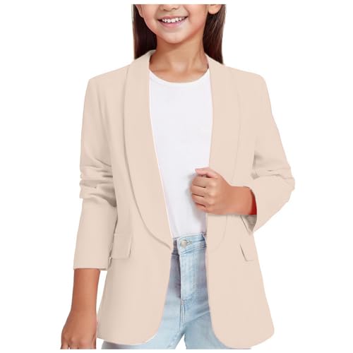 Mädchen Blazer Frühling Herbst Langarm Anzugjacke Formale Offene Front Anzugjacke mit Innentasche Kinder British Style Herbstjacke Mantel für Kinder 3-14 Jahre (Beige, 11-12 Years)