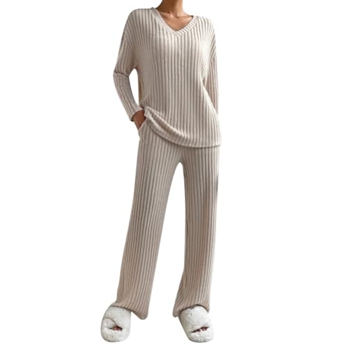 AGYMNX Schlafanzug Damen Lang Pyjama Set Baumwolle Lange Ärmel Gestricktes Yoga-Sets mit V-Ausschnitt 2 Stück Slim Fit Frauen Gemütliche Nachtwäschee mit Taschen Sportanzug Trainingsanzug beige L