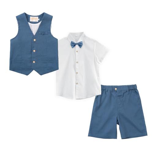 LOLANTA 4 STK Pagen Junge Kurzanzug, Kinder Leinenanzug Sommer Anzug, Festliche Sommerhochzeit Taufe Zeremonie Outfit, Geburtstag Partykleidung, Kind Westen Shorts Set, Blau, 8-9 Jahre, 140