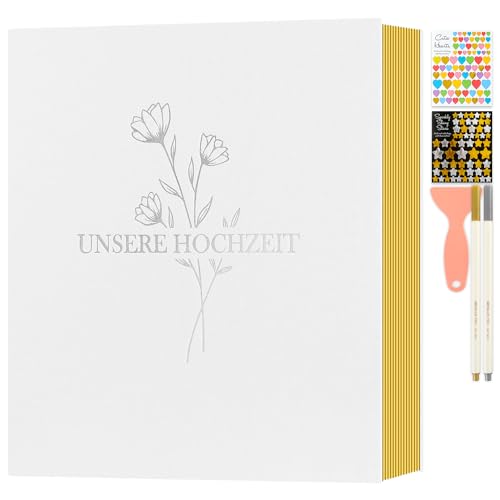 Lanpn Selbstklebendes Hochzeitsalbum Einkleben Fotobuch, Leinen Groß Weiße Seiten Hochzeit Fotoalbum zum Selbstgestalten mit Aufkleber Stift 10x15 13x18 Fotos Bilder (Große,40 Blatt/80 Seiten,Weiß)