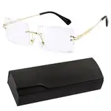 BETESSIN Deko Brille Rechteck Transparent Gläser mit Schwarz Brillenetui Randlose Brille ohne Sehstärke Retro Durchsichtige Linse Rahmenlose Deko Brille für Damen Herren