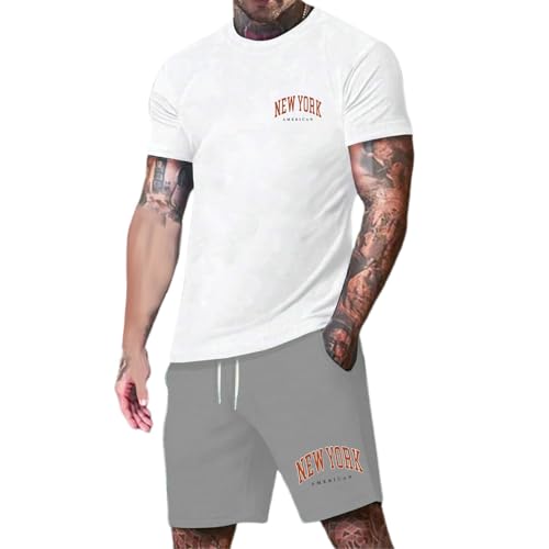 QJDFLL 2 Teiler Herren Sommer Outfit Einfarbig Activewear Shorts Und Tshirt Set Freizeit Kurzarm Strand Outfits Weich Oversized Leichte Sport Freizeitanzug Sportkleidung(1-Grey,M)
