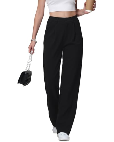 HMIYA Weite Hosen Damen Lässig Gerade Stoffhose Business Elegant Dünne Herbst Hose mit Tasche,Schwarze,M/32L