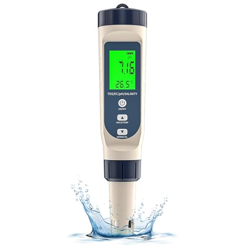 Forever Speed pH Wert Messgerät 5 in 1 pH/EC/TDS/Salzgehalt/Temperatur Hohe Präzision Digitales pH Messgerät Wasser TDS Messgerät EC Messgerät Grow für Pool, Trinkwasser, Aquarien, SPA, Hydroponik