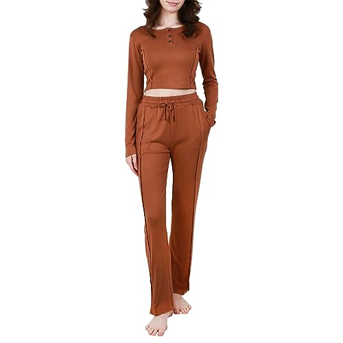 OCCIENTEC Damen Hauseanzug mit Knöpfe 2 teiliges Damen Loungewear Set langärmeliger Oberteil mit Rundhalsausschnitt und Hose Braun,L