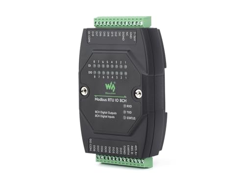 Waveshare Industrial 8-Ch Digital Input & Output Module, DC 7~36V Wide Voltage Power Supply, Modbus RTU Protocol, Multiple Isolation Protection Circuits, Rail-Mount Support