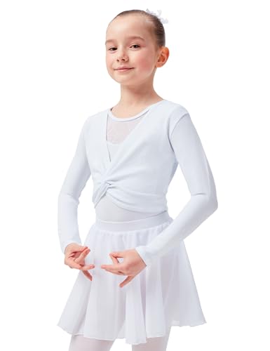 tanzmuster ® Ballettjacke Mädchen Langarm - Mia - aus sehr weichem Baumwollstoff Ballett Top zum Reinschlüpfen in weiß, Größe 104/110