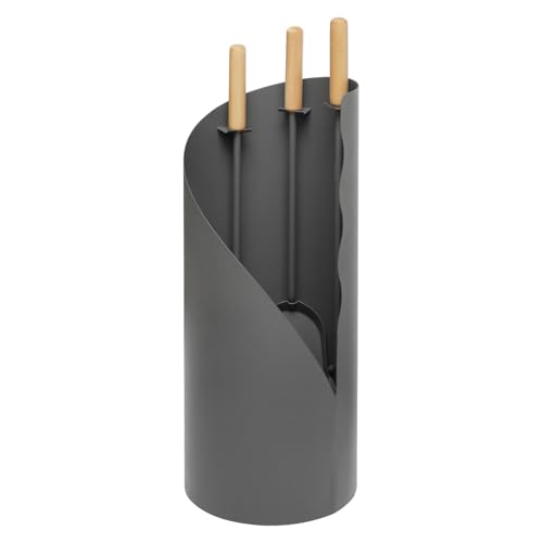 raik - Kaminbesteck Otto 3-teilig - Kaminzubehör aus grauem Stahl mit Holzgriffen, Schürhaken, Besen, Schaufel und Ständer, modernes Design, platzsparende Aufbewahrung, Kamine, Holzöfen und Kaminöfen
