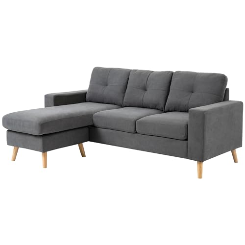HOMCOM Ecksofa Stoffsofa in L-Form, Couchgarnitur in Leinenoptik, Eckgarnitur mit Chaiselongue für 3 Personen, Eckcouch für Wohnzimmer, Dunkelgrau, 193 x 136 x 85 cm