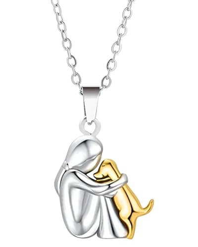 MYGLOAR Halskette, Mädchen und Hund Umarmungskette, 925 Sterling Silber Tier Halskette Anhänger, Geschenk für Mädchen, Tochter, Mutter, Freunde