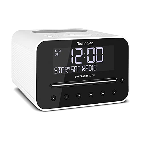 TechniSat DIGITRADIO 52 CD Stereo DAB Radiowecker mit zwei einstellbaren Weckzeiten (DAB+, UKW, Snooze, Sleeptimer, dimmbares Display, Bluetooth, Wireless-Charging Funktion, CD-Player) weiß