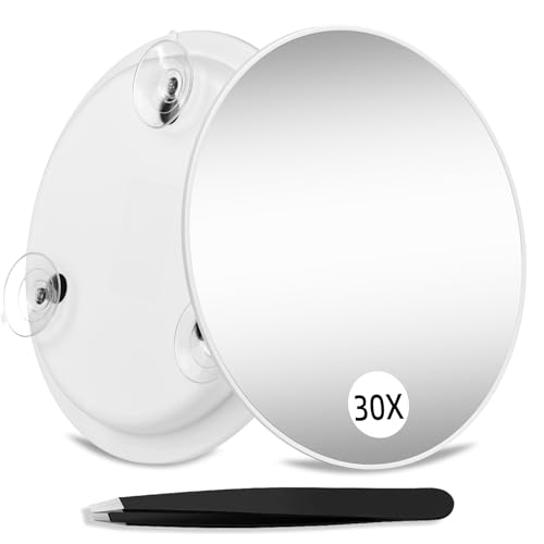 Suupvaor Vergrößerungsspiegel 30X mit Saugnäpfen, 15cm Travel 30X Magnified Mirror Großer runder Make-up Spiegel mit hoher Vergrößerung, Make-up Spiegel mit Pinzette Sets