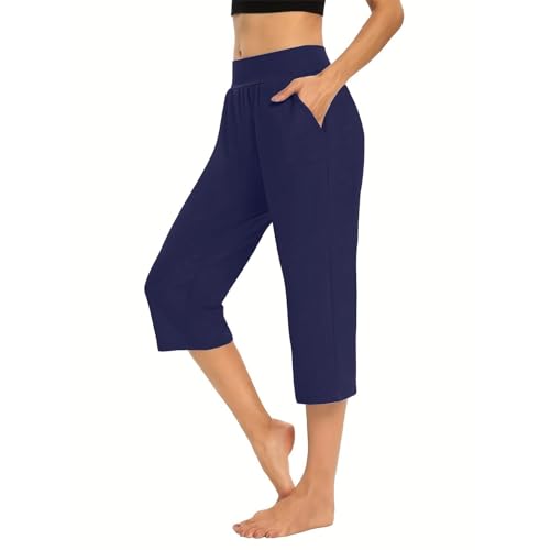 Jogginghose Damen 7/8 Länge Damen Cropped Pants Sommer Casual Pants mit Taschen Damen Casual Pants Unifarbene Einfache Lockere Dehnbare Taschen Athleisure-Hosen Jeggings Damen Stretch (Navy, XL)