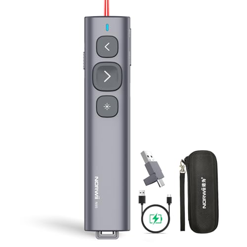 Norwii N95 Presentation Clicker, PowerPoint Clicker for Presentation Remote, Rechargeable Wireless Presenter Pointer, Slide Clicker for ipad/mac/Laptop in Classroom, Auditorium, Church(Red, USB-A&C)