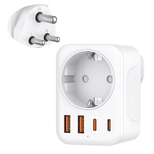 Denlane Reiseadapter Indien, 5 in 1 Adapter Sri Lanka mit 1 AC & 2 USB-C & 2 USB-A(3.4A), 3-Polig Reisestecker Typ D für Indien, Sri Lanka, Bangladesch, Irak, Nepal, Nigeria typ d