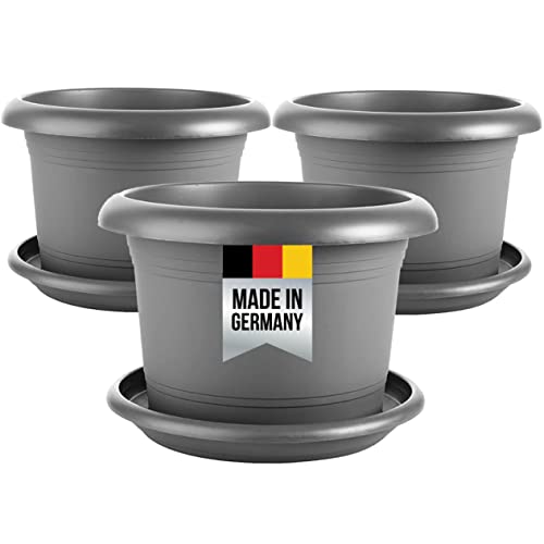 SUSTANIA 3er Set Blumentopf Groß mit Untersetzer, 40 cm Durchmesser, Anthrazit, Pflanzkübel Groß Außen, Blumenkübel außenbereich, Pflanztopf groß außen, Wetterfest, Made in Germany