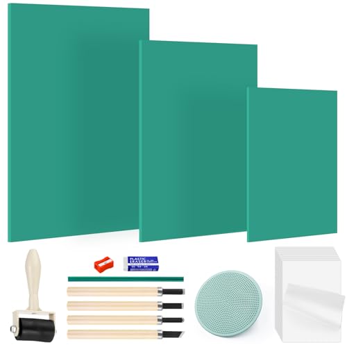 Sheryl&Rain 27 Stück Linoleum Platten Linoldruck Set, Stempelgummi Linolschnitt mit 15 Stück Reispapier für Anfänger, Weichgummi Linoldruck Platte (A4+A5+A6) für Kunstkreation und Stempelschnitzerei