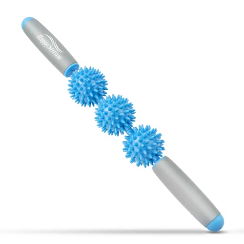 Igelball Massageroller mit Griff, 40cm Massageroller mit 3 Bällen, Massagerolle Körper Roller Stick, Faszienrolle Stab Igelballrollen mit Handgriffe für Beine Nacken Rücken Schulter (Hellblau)
