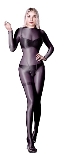 SOFSOT Ultra-transparenter Ganzkörperanzug für Damen, lange Ärmel, glänzend, Einteiler, glänzender Catsuit, Nylons, Ganzkörperanzug, Schwarz, XX-Large