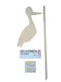 SET Babystorch aus HOLZ zum selber Bemalen & Stecken & Beschriftungstafel & 2x Babyaufkleber für draußen Geburt Storch-Holz Klapperstorch Holzstorch Neutral