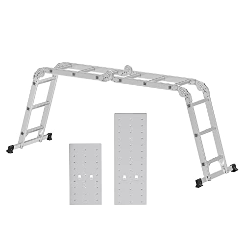 SONGMICS Leiter, Mehrzweckleiter, Trittleiter, Aluleiter, Haushaltsleiter, 4 x 3 Stufen, bis 150 kg, 12 Stufen mit 2 Gerüstplatten, silbern GLT36M