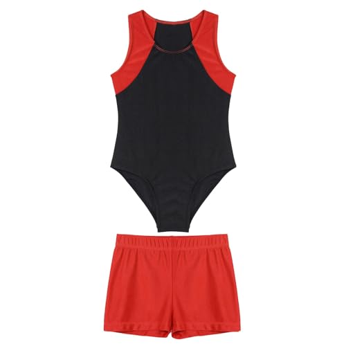 Yruioon Kinder Jungen Turnanzug Gymnastikanzug Ärmellos Ballettanzug Ballett Trikot Leotard Sport Body mit Shorts Gym Turnen Sportwear Rot 170-176