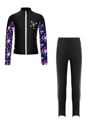 Freebily Kinder Eiskunstlauf Anzug Mädchen Bedruckte Jacke Glitzer Strass Eiskunstlauf Hose Set Wettkampf Workout Sport Outfit Skating Suit Schwarz 110-116