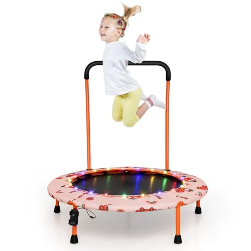 COSTWAY Ø92 cm Kindertrampolin, Mini Trampolin mit LED-Beleuchtung & Abnehmbarer Griff, Fitness Trampolin Gartentrampolin Indoor Outdoor für Kinder von 3-6 Jahren (Orange)