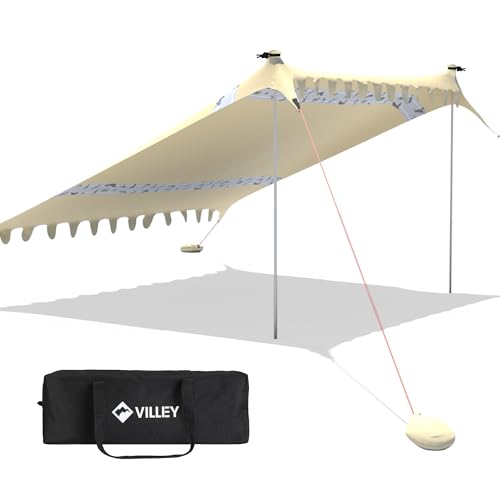 VILLEY Sonnenzelt 3m x 3,3m Khaki, UPF50+ UV Schutz Lycra Strandzelt für 6 Personen, Sonnenschirm Strand mit Sandsack und 2 Stützstäbe für Picknick, Angeln, Sonnenschutz