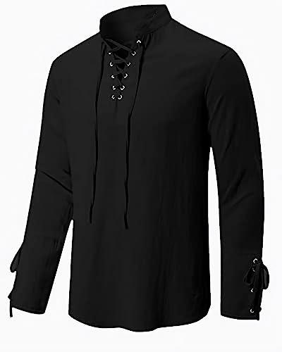 Jacansi Herren Baumwolle Traditioneller Retro Stil Lace Up Baumwolle Hemd Mittelalter Vintage Kostüm Schwarz M