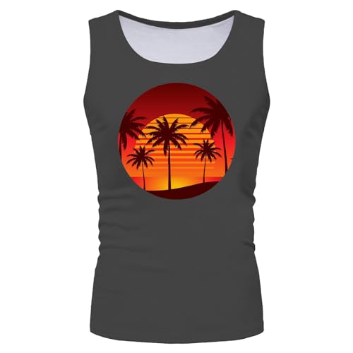 QWUVEDS Mode Sommer Herren Tank Top Seaside Orange Sky Sunset Coconut Print Ärmelloses Casual Top T Shirts Männer Ärmelloses T-Shirt für Herren T-Shirt Sport Herren (Dark Gray, M)