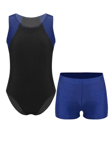 Nyeemya Jungen Turnanzug Ballettanzug Turntrikot Ballett Tanzbody Ärmellose Gymnastikbody + Shorts Wettkampf Tanzbekleidung Navy blau 134-140