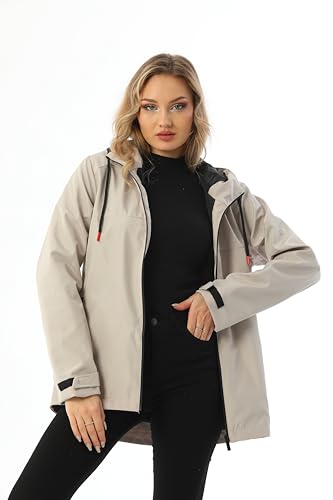 Generisch Damen Regenjacke, wasserabweisend, mit Kapuze und Reißverschluss (DE/NL/SE/PL, Alphanumerisch, L, XXL, Regular, Regular, Beige)