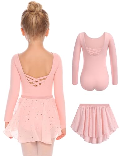 Arshiner Ballettkleidung Mädchen Zweiteiliges Kinder Ballettanzug Rückenfrei Langzarm Ballettkleid Balletttrikot Tanzkleid Balette Kleidung Tanztrikot Kleinkind Ballerina Kleid Rosa 140 5-6 Jahre