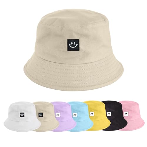 UMIPUBO Fischerhut Bucket Hat Smile Herren Damen Bunt,Sonnenhut Sommerhut Bestickte Fischerhüte,Blumendruck Früchte Druck Mütze,Freizeithut Anglerhut Unisex Hüte (Smile - beige)