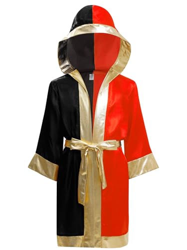 inhzoy Jungen Kinder Boxer Mantel Boxermantel Kickboxer Boxing Kleidung Jacke Robe Mit Kapuze Gürtel Boxkampf Muay Thai Gown Schwarz&Rot 134-140