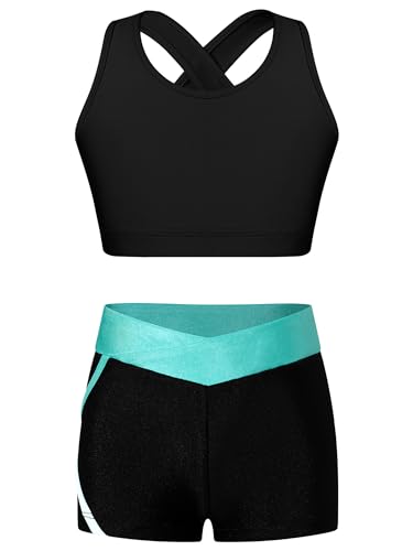 Alvivi Mädchen Bikini Tankini Set Zweiteiler Badeanzug Bademode Tank Top+Shorts Sommer Schwimmanzug Yoga Gymnastik Turnen Sport Set Gr.98-176 Schwarz&Blau Grün 158-164