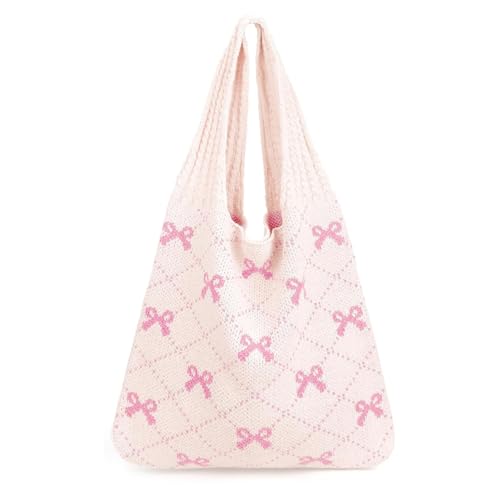 Oelrstfe Aesthetic Strandtasche für Damen,Strandtasche Damen Häkeltasche für den Sommer, Beige Häkeltasche mit Rosa Schleifen,Geeignet für Reisen, Einkäufe und den Alltag