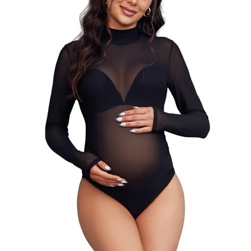 Bhome Mock Neck Mutterschaft Bodysuit für Fotoshootings Sheer Mesh Mutterschaft Fotografie Outfits, Schwarz, L