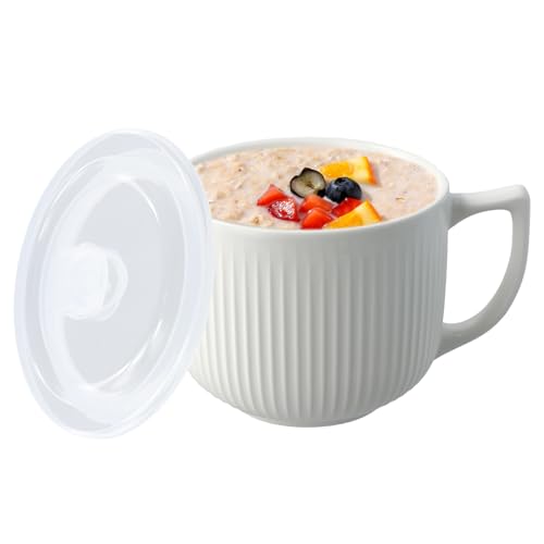 Ramen Schüssel mit Deckel, Mikrowellen Keramik Suppenschüssel mit Henkel, 900ml Suppentassen mit Henkel, für Ramen, Nudeln, Salate, Müsli, mikrowellen- und spülmaschinenfest, Weiß